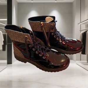 Michael Kors monogram patent/coated canvas combat boot black and Brown women 9m